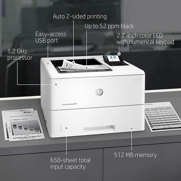 Hewlett Packard LaserJet Enterprise M507dn Monochrome Printer with built-in Ethernet - Open Box