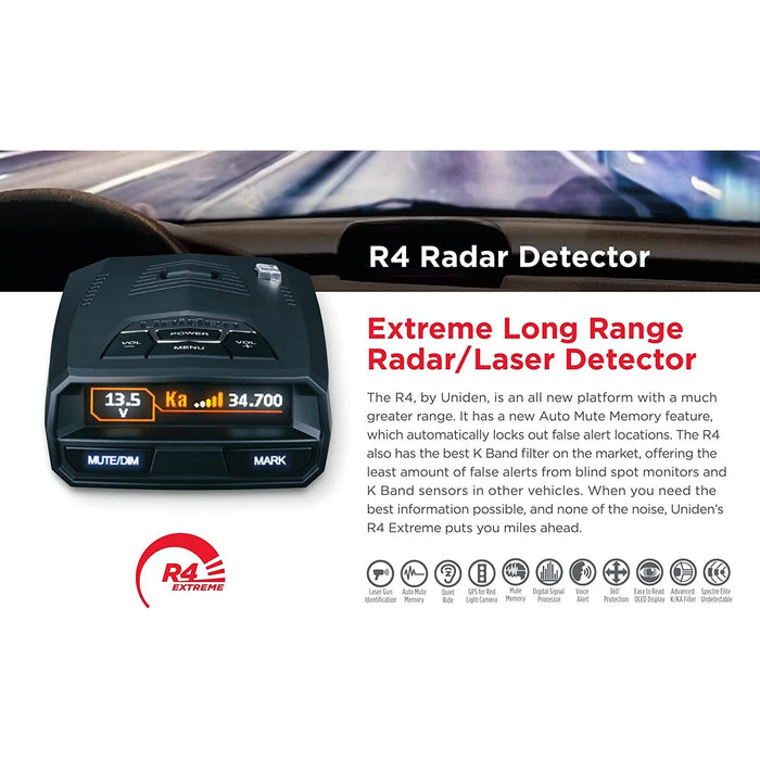 Uniden R4 Extreme Long Range Radar Laser Detector GPS Bundle with Hardware Kit