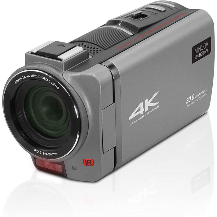 Minolta 4K UHD 30 MP Night Vision Camcorder, Gun Metal w/ 64GB Accessory Bundle