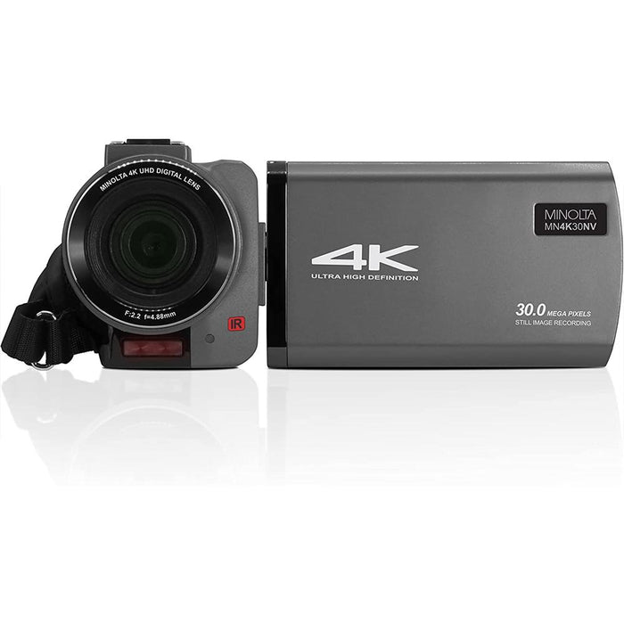 Minolta 4K UHD 30 MP Night Vision Camcorder, Gun Metal w/ 64GB Accessory Bundle