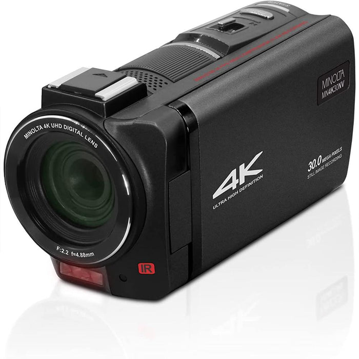 Minolta 4K Ultra HD 30 MP Night Vision Camcorder, Black w/ 64GB Accessory Bundle