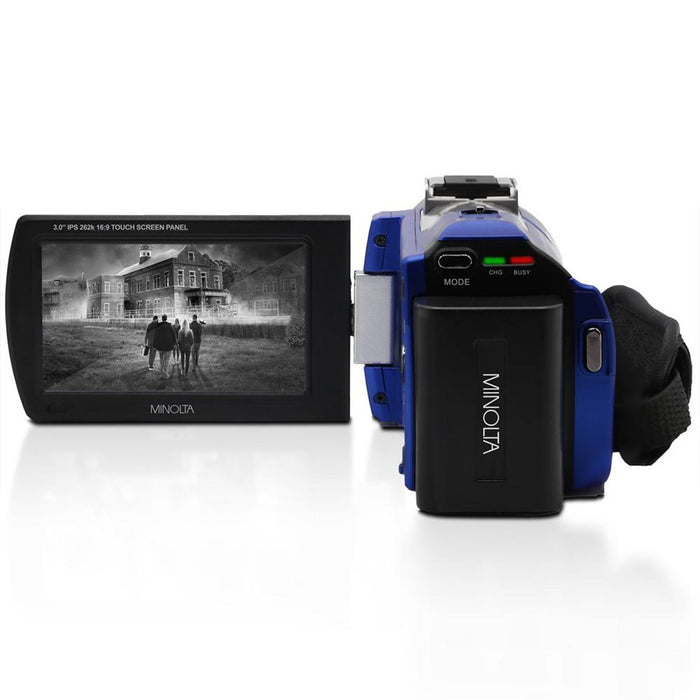 Minolta 2.7K QHD 48 MP IR Night Vision Camcorder, Blue w/ 64GB Accessory Bundle