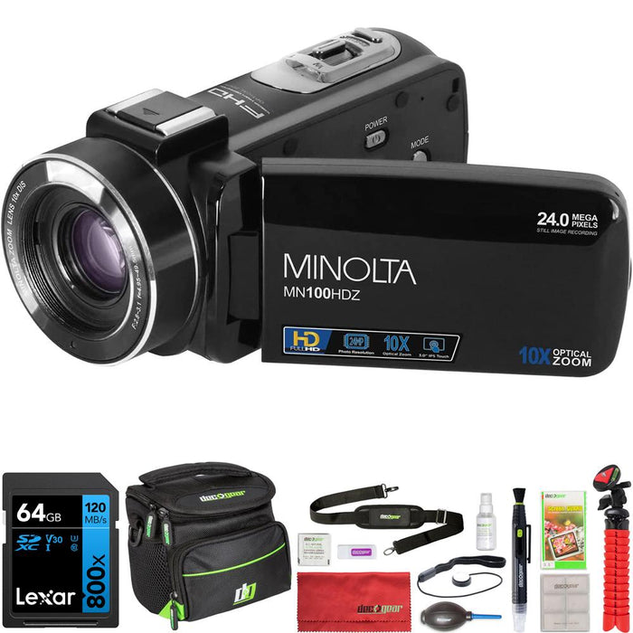 Minolta 1080P HD Camcorder with 10x Optical Zoom, Black w/ 64GB Accessory Bundle