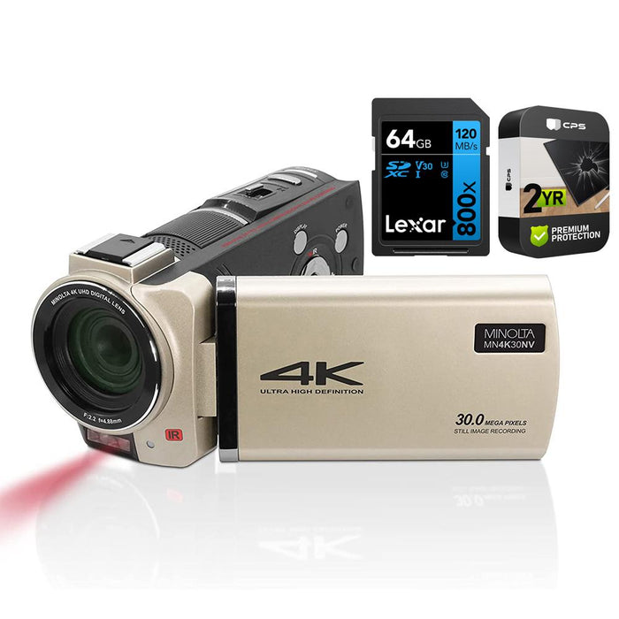 Minolta 4K UHD 30MP Night Vision Camcorder Champagne+64GB Card & 2 Year Warranty