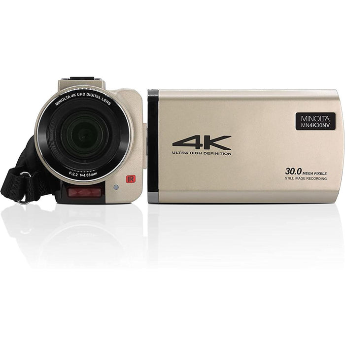 Minolta 4K UHD 30MP Night Vision Camcorder Champagne+64GB Card & 2 Year Warranty