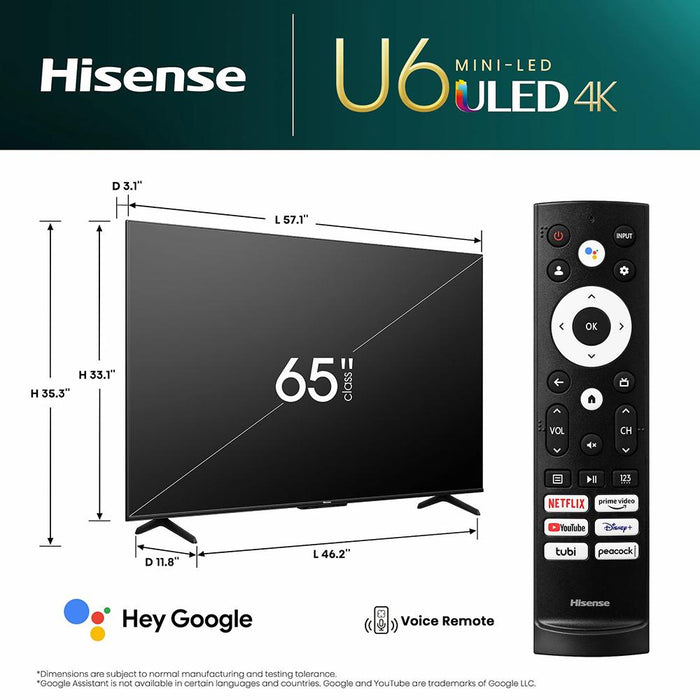 Hisense 65" U6K Mini-LED ULED 4K Google TV (2023) with Deco Gear Home Theater Bundle