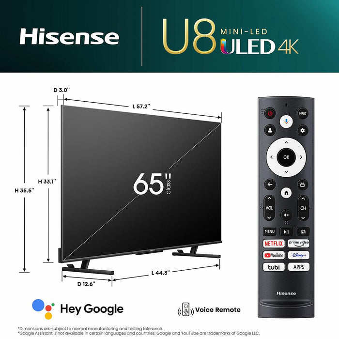 Hisense 65" U8 Series 4K Mini-LED ULED Google TV w/ Deco Gear 60W Soundbar Bundle