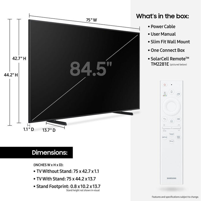 Samsung 85 inch The Frame QLED 4K UHD Quantum HDR Smart TV 2022 with Soundbar