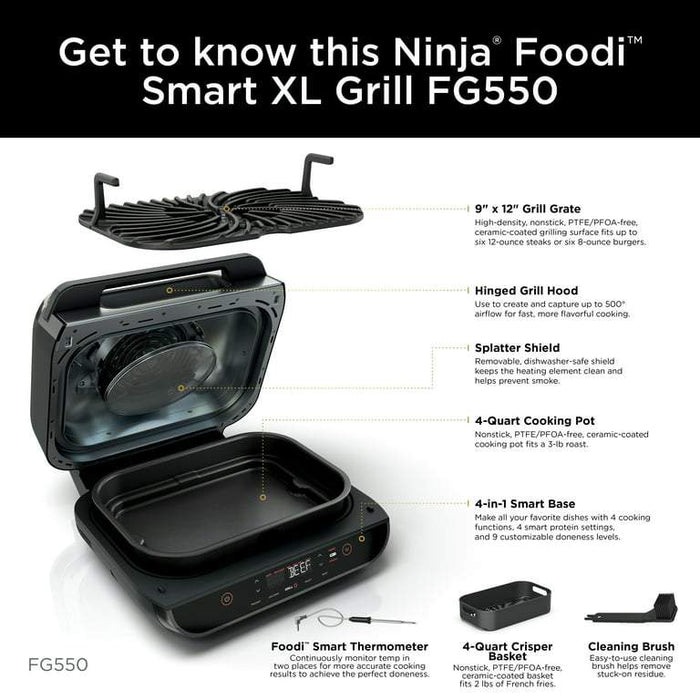 Ninja FG550 Foodi Smart XL 4-in-1 Indoor Grill with 4-Quart Air Fryer - Refurbished