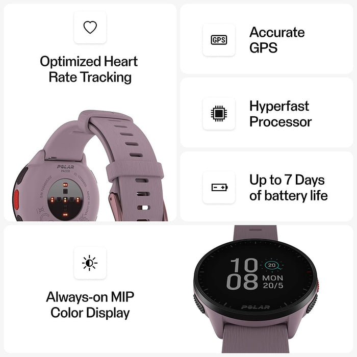 Polar Pacer GPS Sport Watch (Purple Dusk) Bundle with Charge 2.0 USB and Data Cable