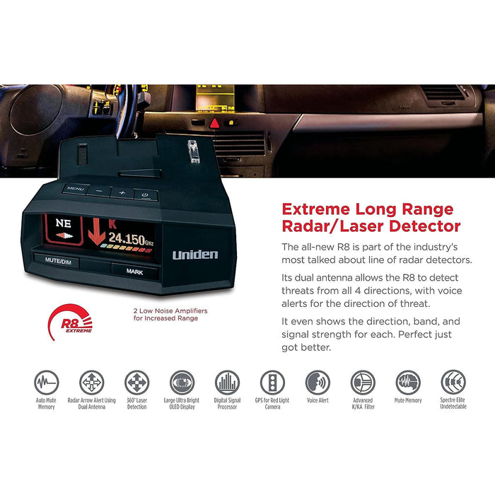 Uniden R8 Extreme Long Range Radar/Laser Detector Bundle with 2-YR Warranty and Mat