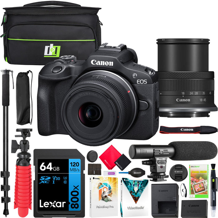 Canon EOS R100 Mirrorless Camera with RF-S 18-45mm F4.5-6.3 IS STM Lens Kit Pro Bundle