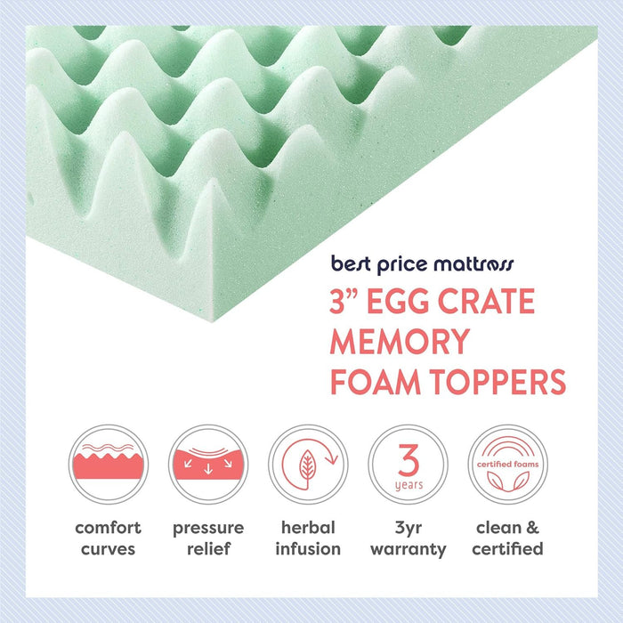 Best Price Mattress Inc. 3 Inch Calming  Aloe Infusion Egg Crate Memory Foam Mattress Topper, Short Queen