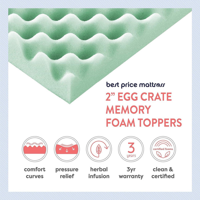 Best Price Mattress Inc. 2 Inch Calming Aloe Infusion Egg Crate Memory Foam Mattress Topper, Short Queen