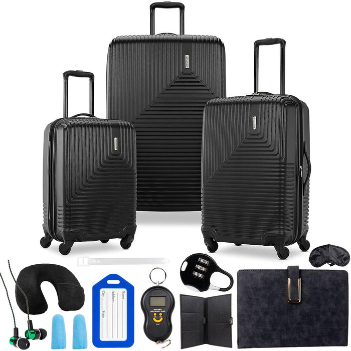 American Tourister Groove Expandable Spinner Suitcase Set Black + Travel Bundle