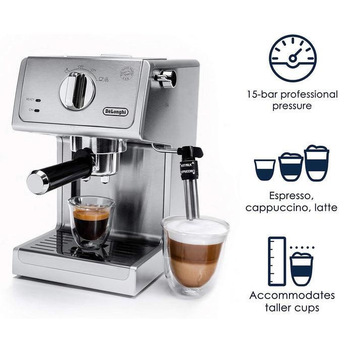 Delonghi Bar Pump Espresso and Cappuccino Machine, 15", Stainless Steel, Refurbished