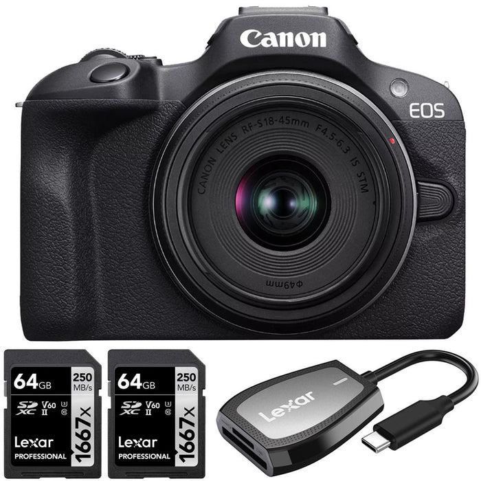 Canon EOS R100 Mirrorless Camera + RF-S18-45mm IS STM Lens + 2x 64GB Card +Card Reader