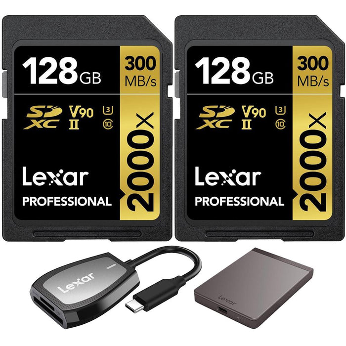 Lexar Professional 128GB Memory Card 2 Pack with 1TB Portable SSD & Card Reader