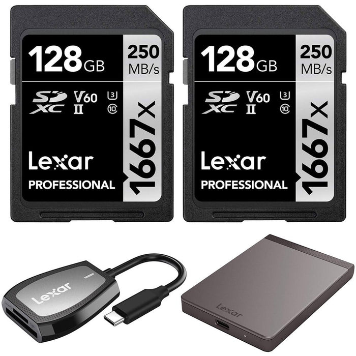 Lexar 128GB SDXC UHS-II Memory Card 2-Pack w/ Card Reader + 1TB Portable SSD Bundle