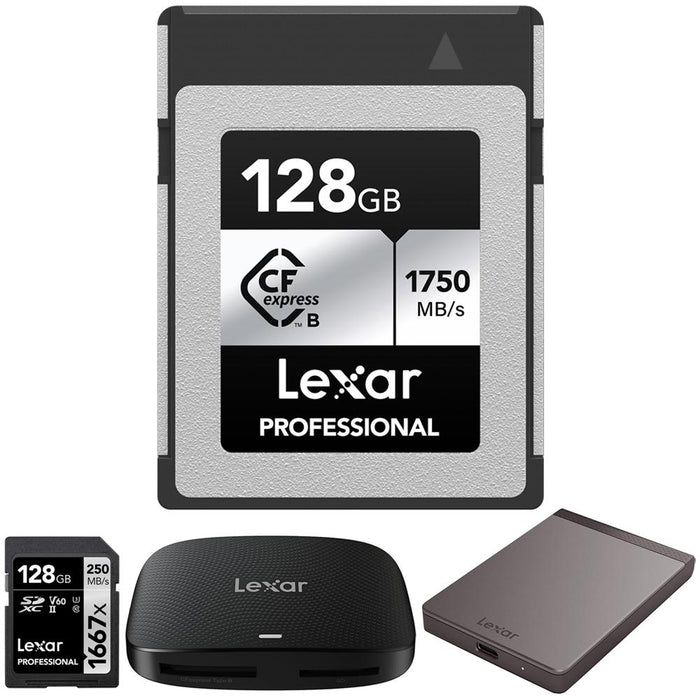 Lexar CFexpress Type B 128GB Memory Card + 128GB Card + 1TB Portable SSD Bundle