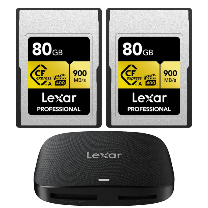 Lexar 80GB CFexpress Type A Pro Gold R900/W800 Memory Card (2-Pack) + Card Reader