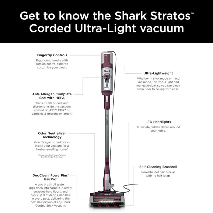 Shark Stratos HZ3000 Ultralight Corded Stick Vacuum - Red Plum (Refurbished)