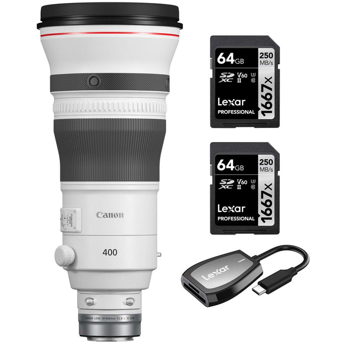 Canon RF 400mm F2.8 L IS USM Super Telephoto Lens + 2x 64GB Card & Reader Bundle